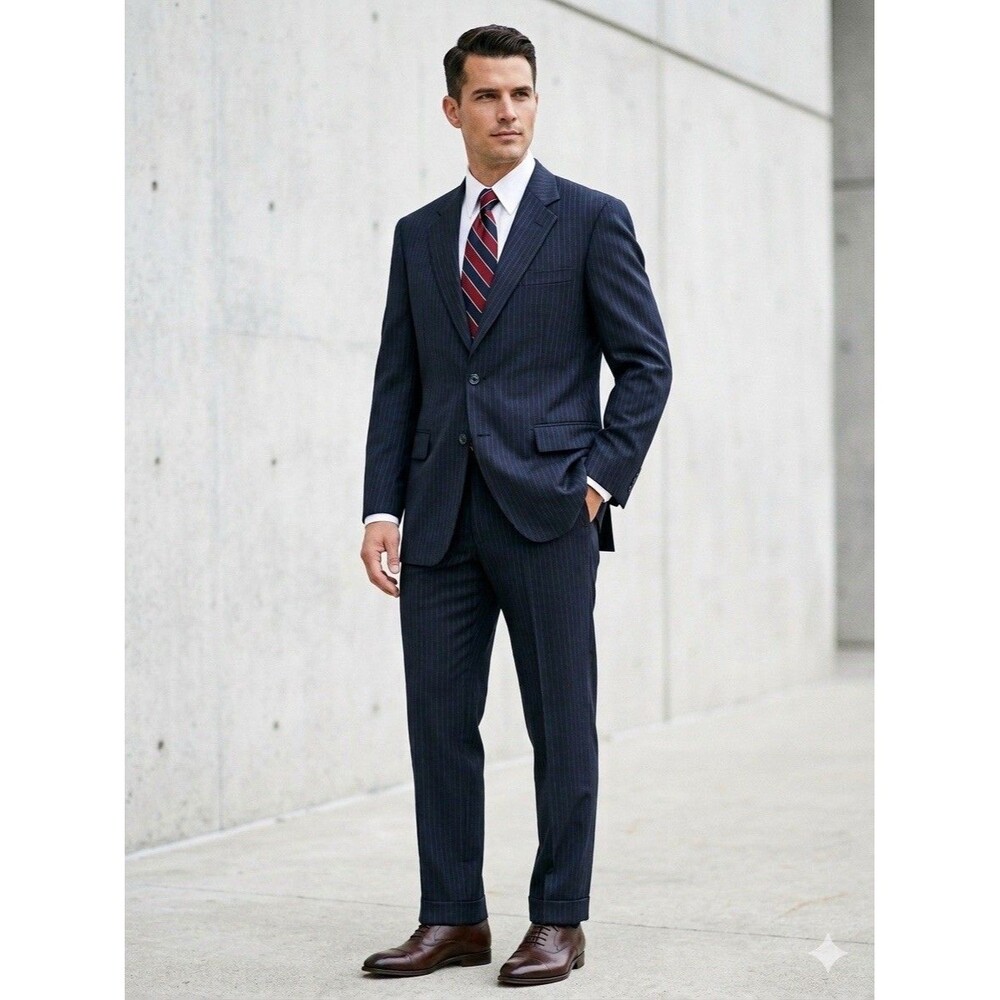 Gianfranco Ruffini Italy Suit Mens 44R 38x29 Navy Blue Pinstripe Wool Pleated